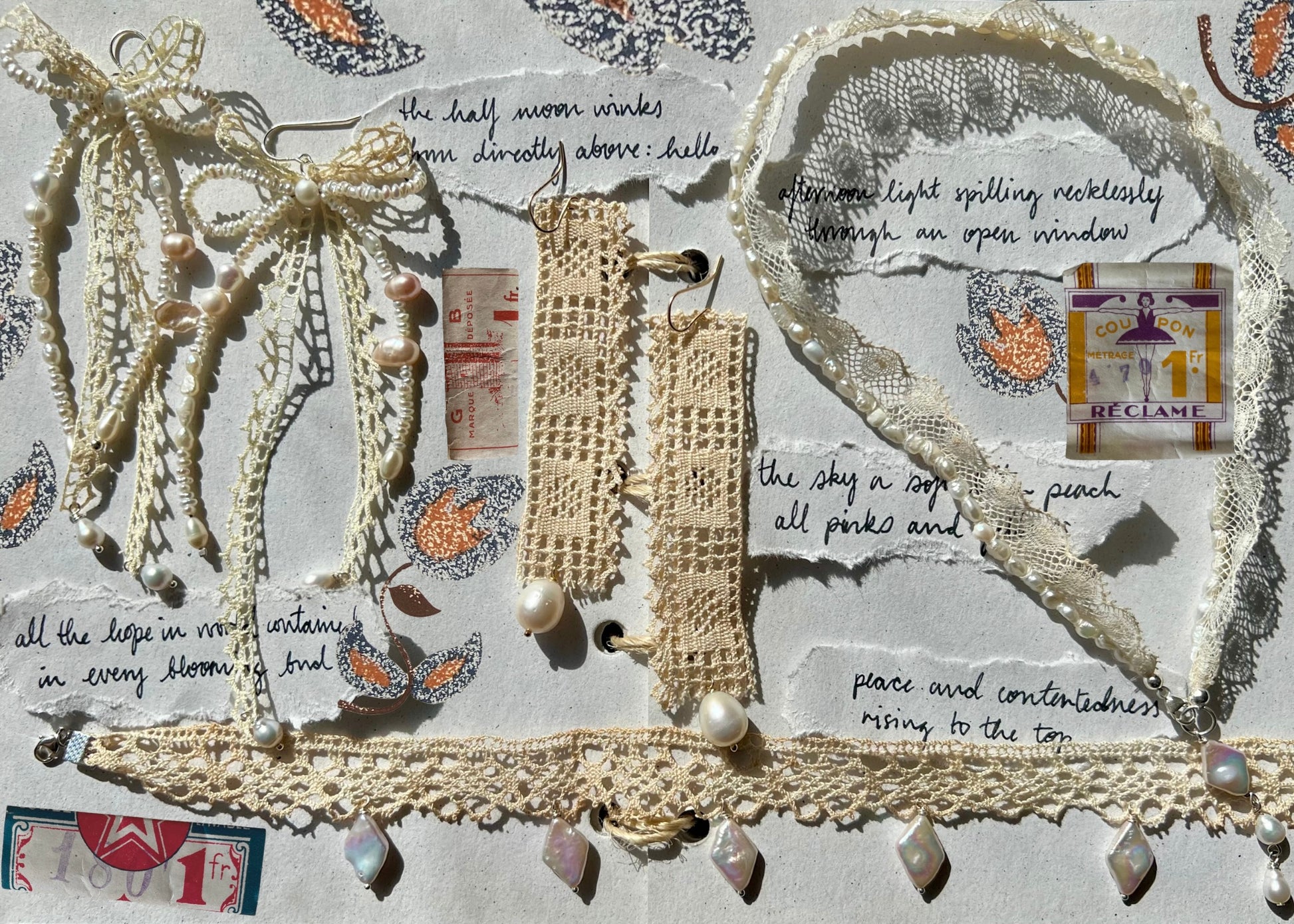 Textured fabric with antique lace earrings and necklaces, and snippets of poetry on a textured background